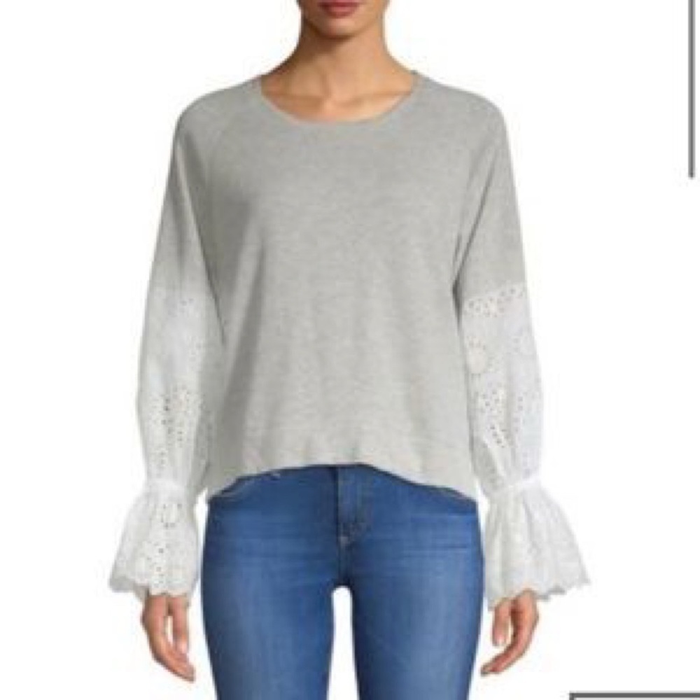 Generation Love White Eyelet Lace Sleeve Gray Lightweight Sweater Size Small (S)